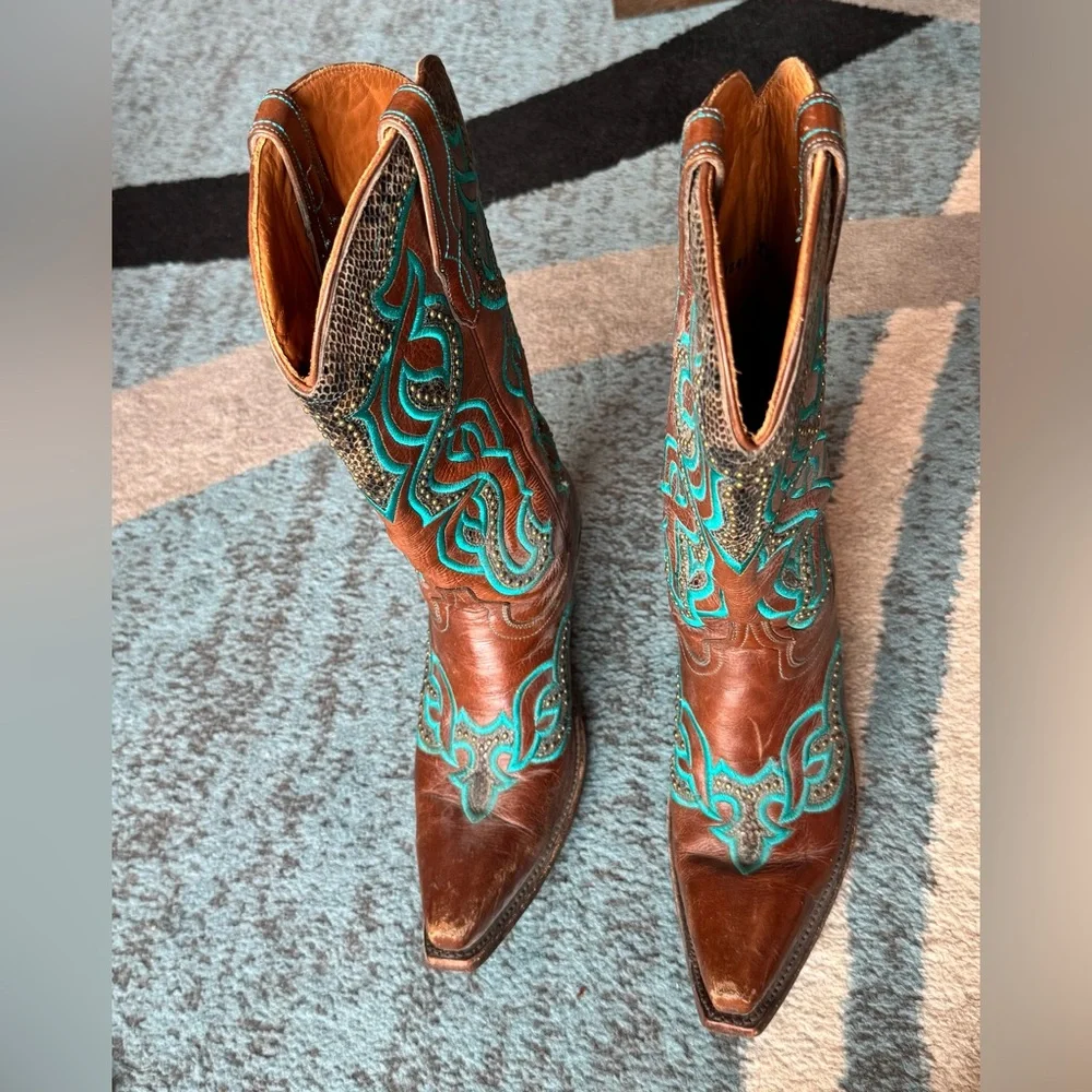 Lucchese Brown and Teal Heeled Western Boots - Picture 2 of 11